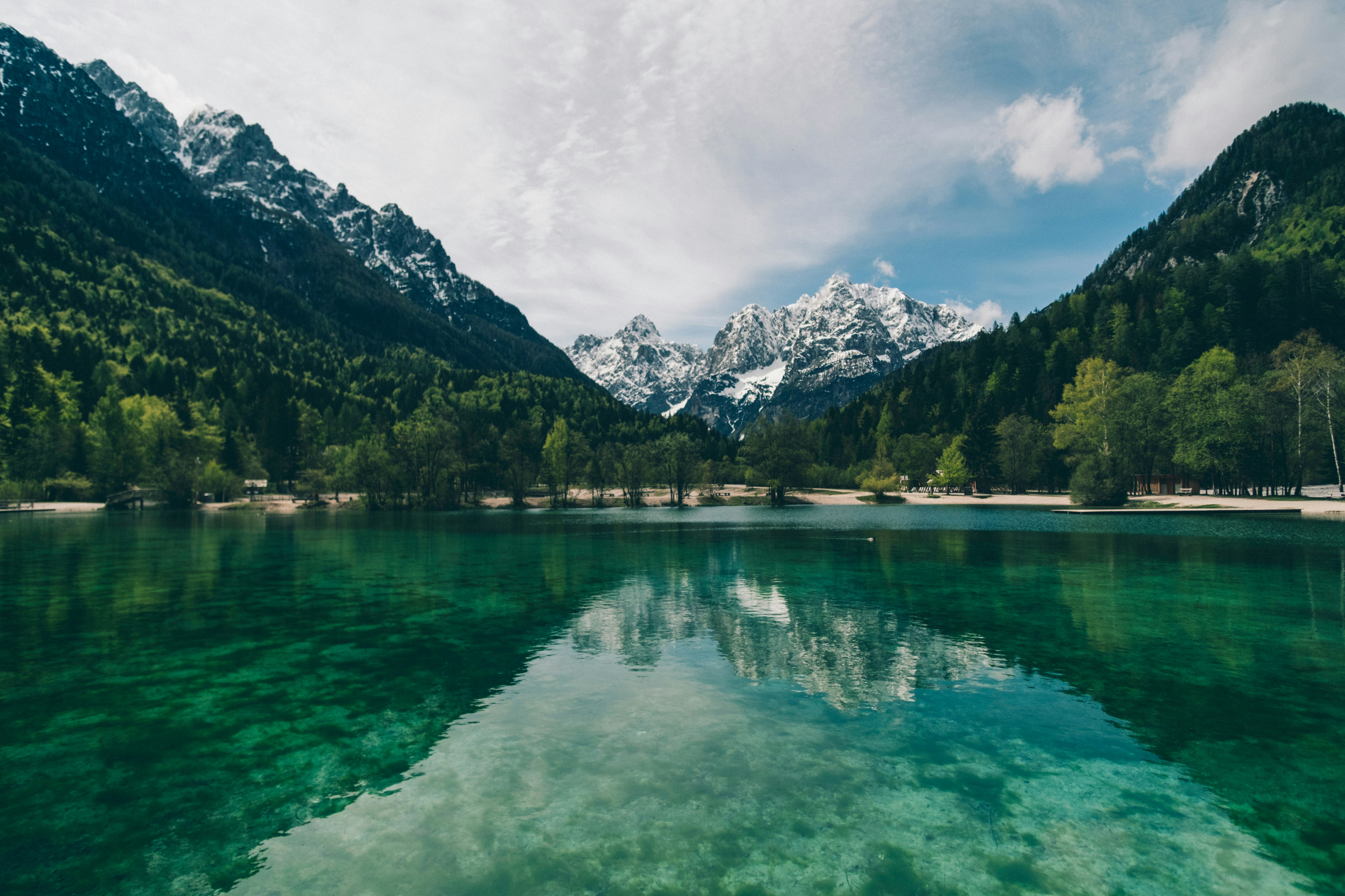 Mountain peaks reflected in a calm lake